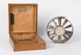 anemometer in  mahogany box with hinged lid