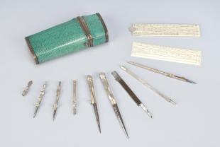 silver and ivory drawing instruments in shagreen etui