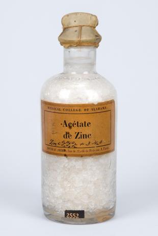 stoppered glass bottle of "Acétate de Zinc"