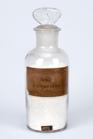 stoppered glass bottle of "Acide Borique Crist"