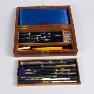 sixteen-piece set of drawing instruments in wooden box
