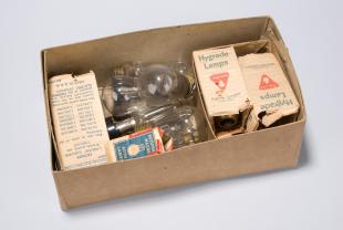 box of assorted electric light bulbs