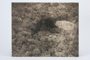 aerial photograph of hut and clearings in rainforest in Rio Parima