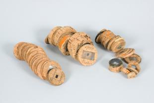 set of birefringent specimens mounted in cork